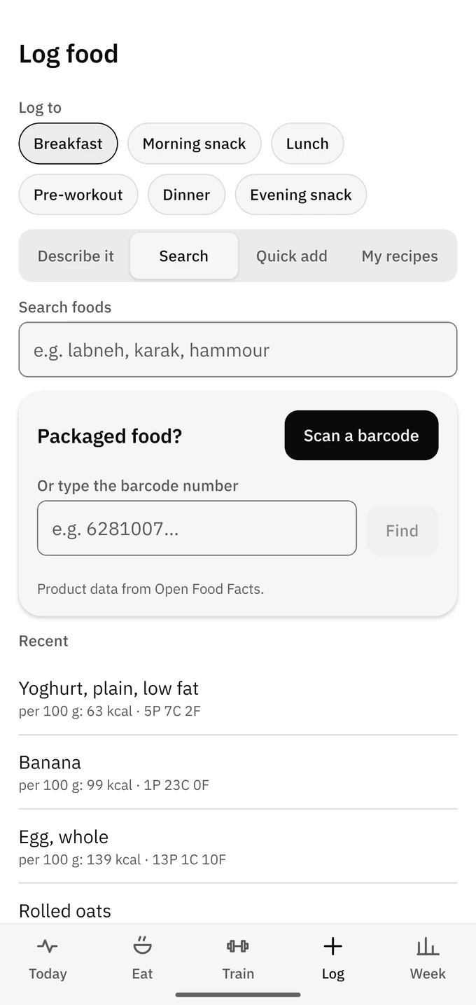 Searching foods, with a barcode scanner and recent foods