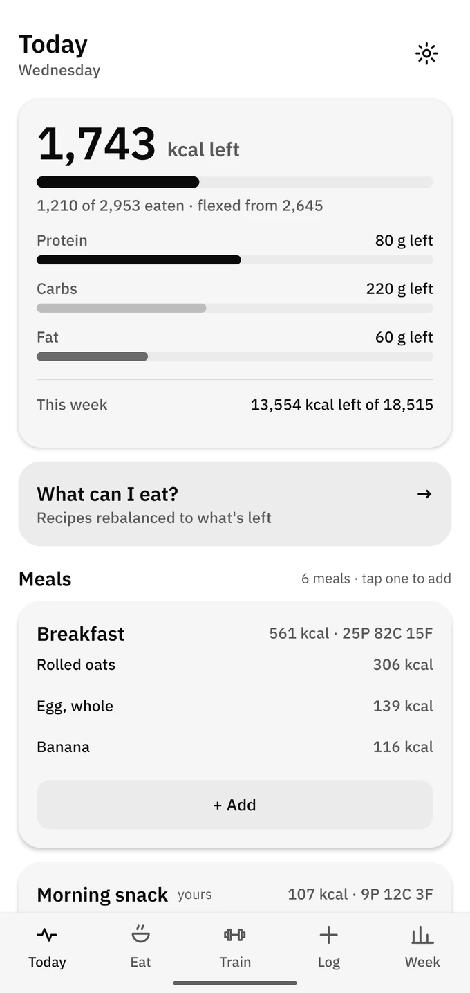 The Today screen: calories left, protein, carbs and fat, and your meals