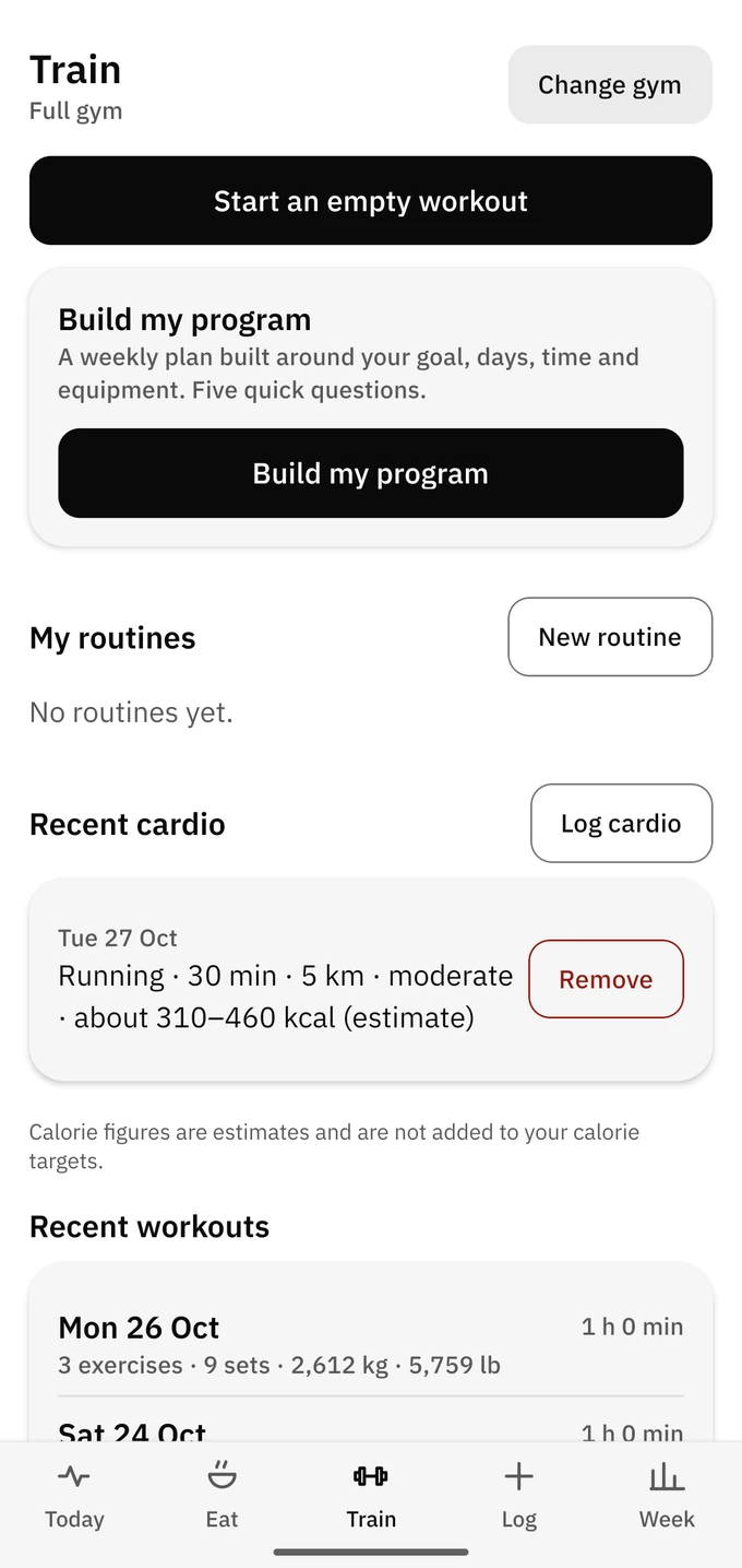 The Train tab: start a workout, build a program, your routines and recent cardio