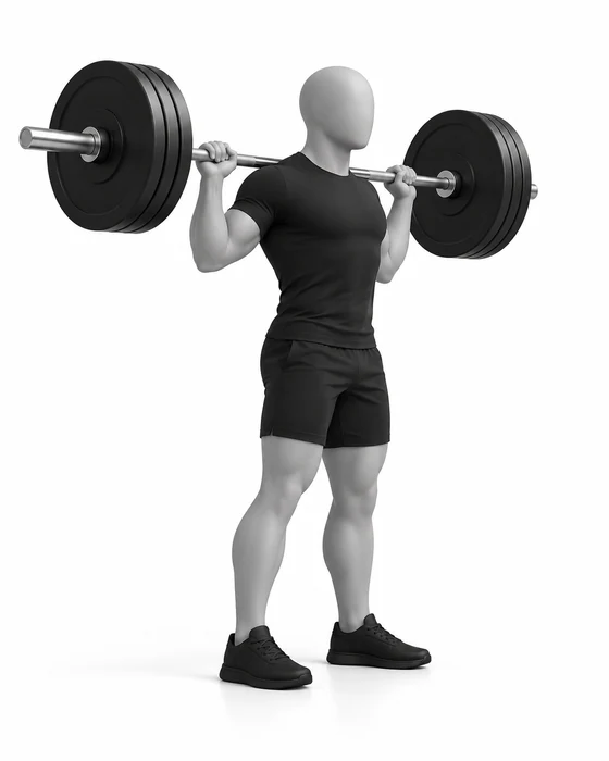 Barbell back squat, start: standing tall with the bar on the upper back.