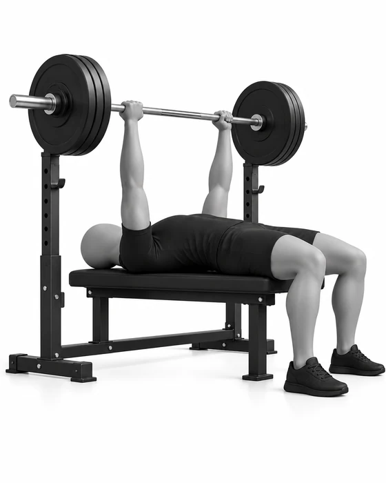 Barbell bench press, start: lying on a bench with the bar held above the chest, arms straight.