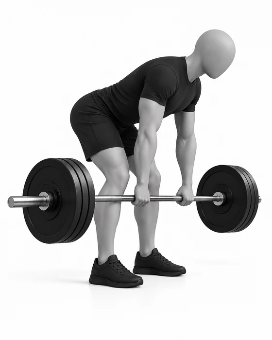 Bent-over barbell row, start: hinged forward holding the bar below the knees.