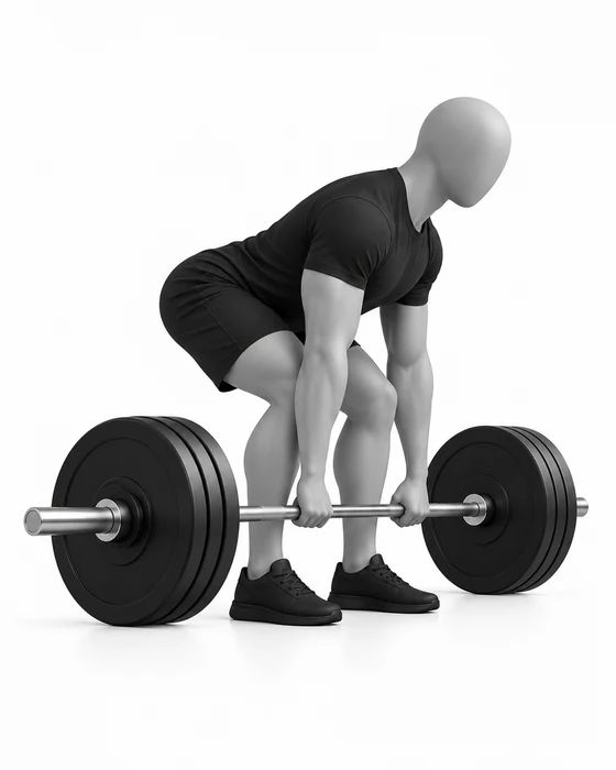 Conventional deadlift, start: hinged forward with a flat back, hands on the bar.