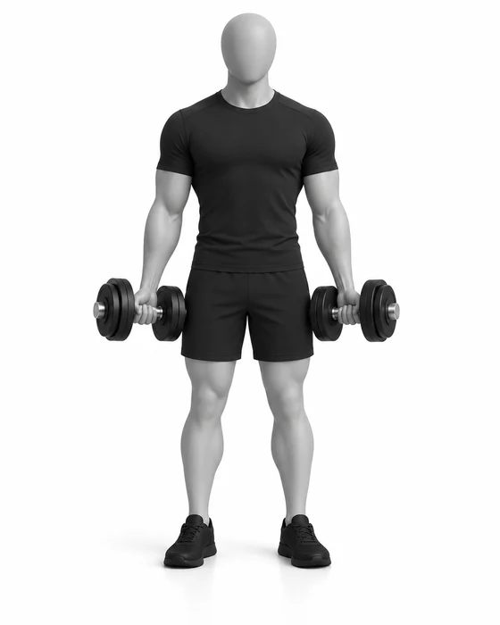 Dumbbell biceps curl, start: standing with dumbbells hanging at the sides.