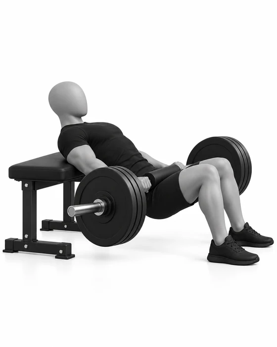 Hip thrust, start: upper back on a bench, hips lowered, bar across the hips.