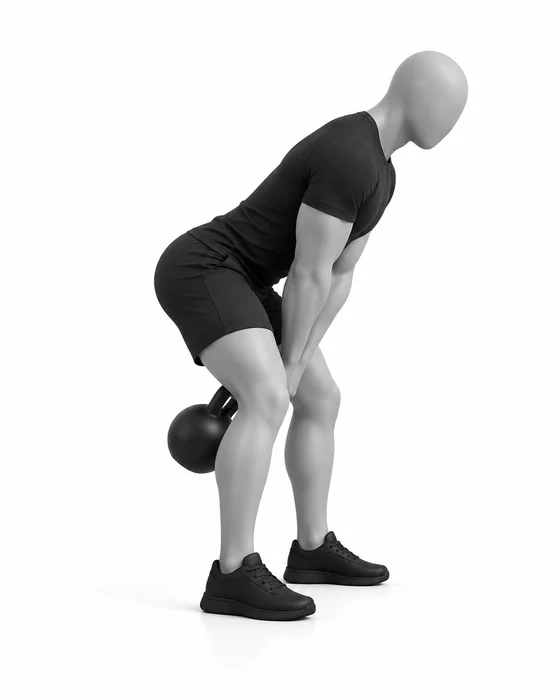 Kettlebell swing, start: hinged back with the kettlebell between the legs.