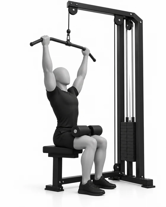 Lat pulldown, start: seated with arms extended overhead on the wide bar.