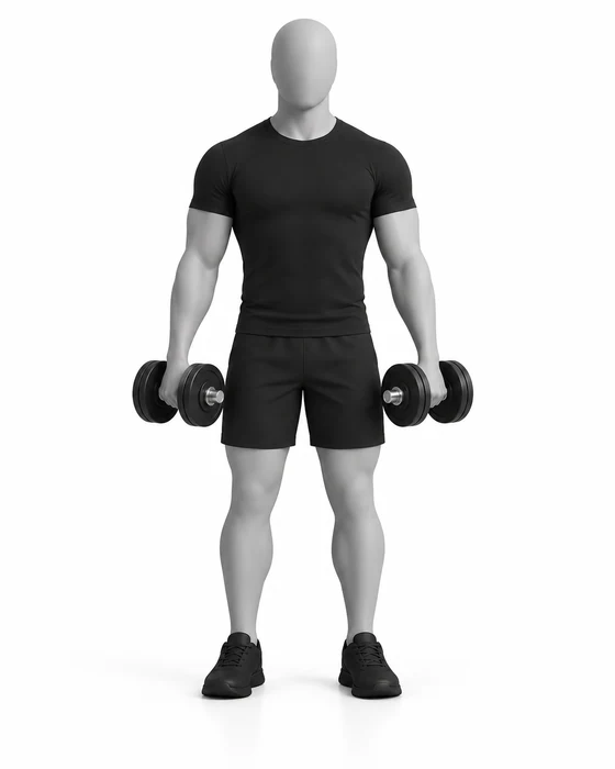 Dumbbell lateral raise, start: standing with dumbbells at the sides.