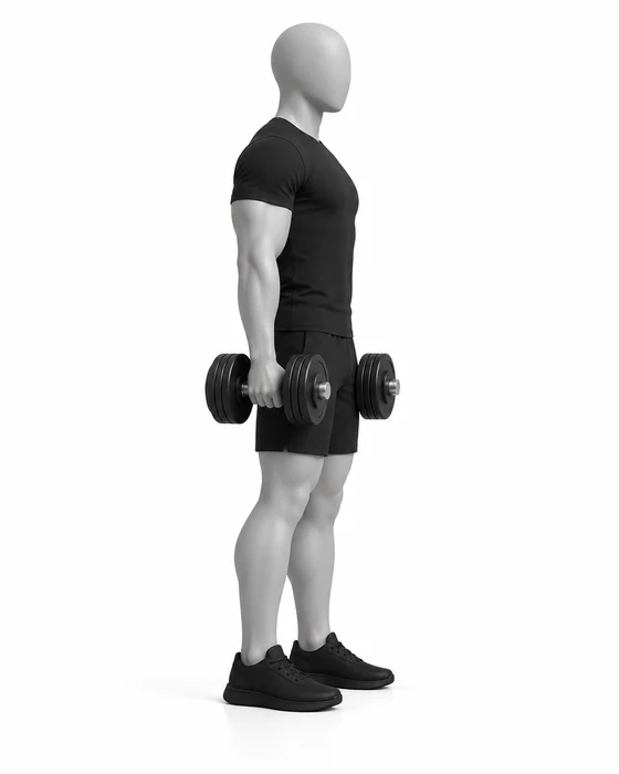 Forward lunge, start: standing tall holding dumbbells at the sides.