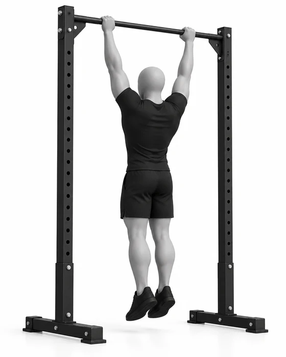 Pull-up, start: hanging from the bar with arms straight.