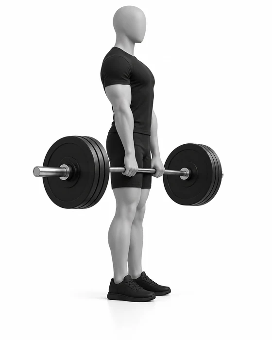 Romanian deadlift, start: standing tall holding the bar at the thighs.