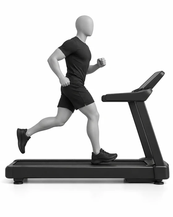 Treadmill run: running on a treadmill, mid-stride.