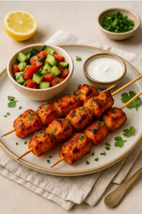 Chicken tikka skewers with salad
